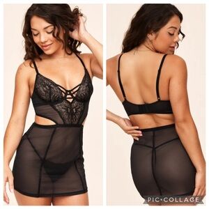 New Adore Me Kiera Sheer Mesh Cut-out Babydoll Lingerie in Jet Black, size M
